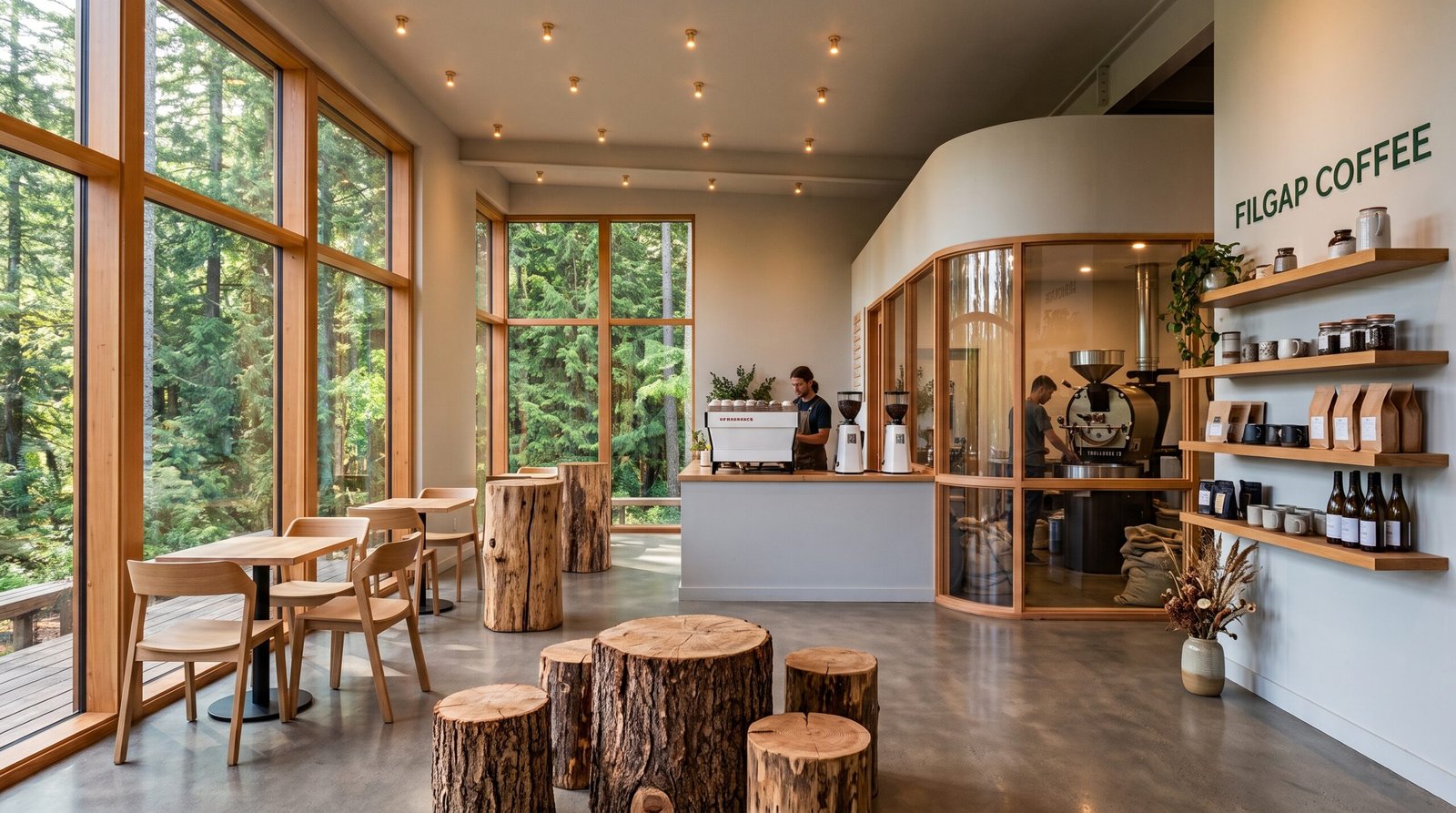 Concept visualization of a bright Filgap Coffee roastery and tasting room with a visible coffee roaster, bean display, wood furniture and forest views.