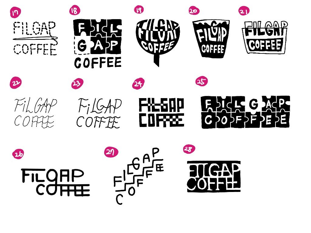 Hand-drawn Filgap Coffee logo concepts showing wordmarks, puzzle-like blocks and geometric forms during early ideation.