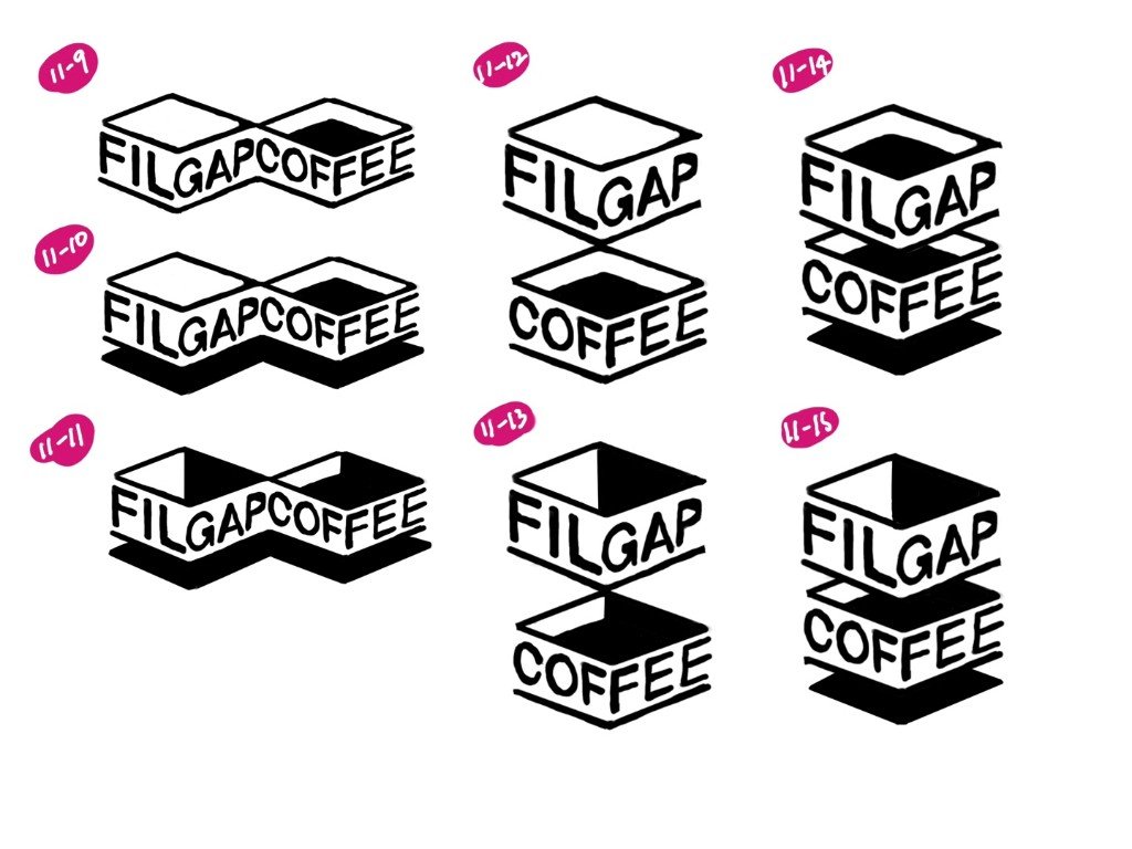 Hand-drawn Filgap Coffee logo studies showing linked geometric forms evolving toward the final symbol.