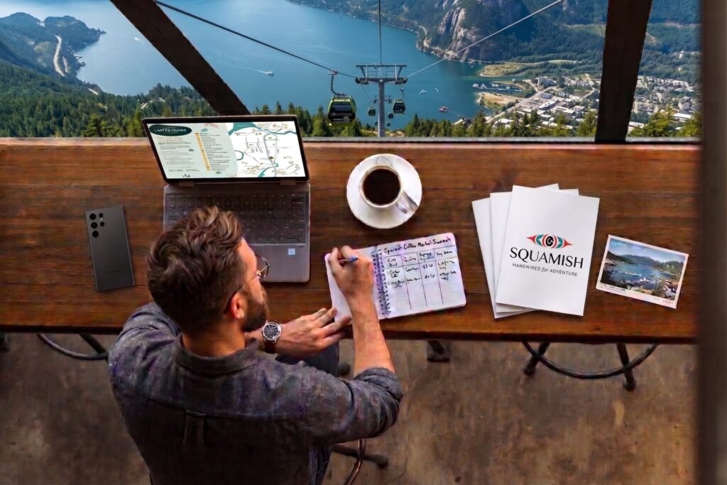 Concept visualization of a person reviewing a Squamish coffee map and writing market research notes at a table with a laptop, coffee and local information.