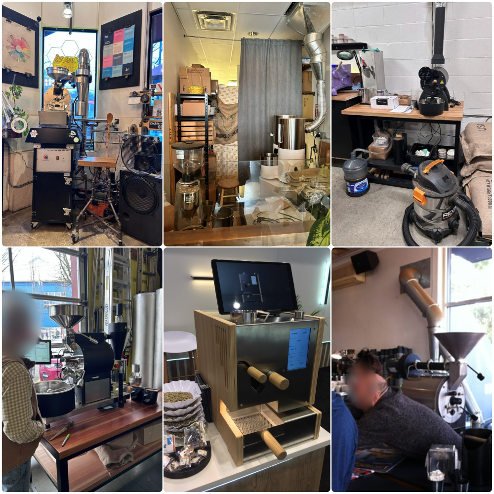 Collage of six coffee roasting setups photographed while researching different roaster designs and working environments.