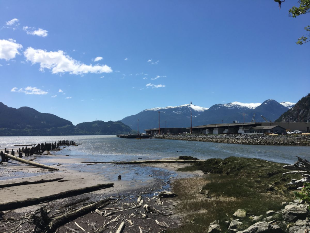 View of the Squamish Oceanfront and Howe Sound with mountains in the background in 2018.
